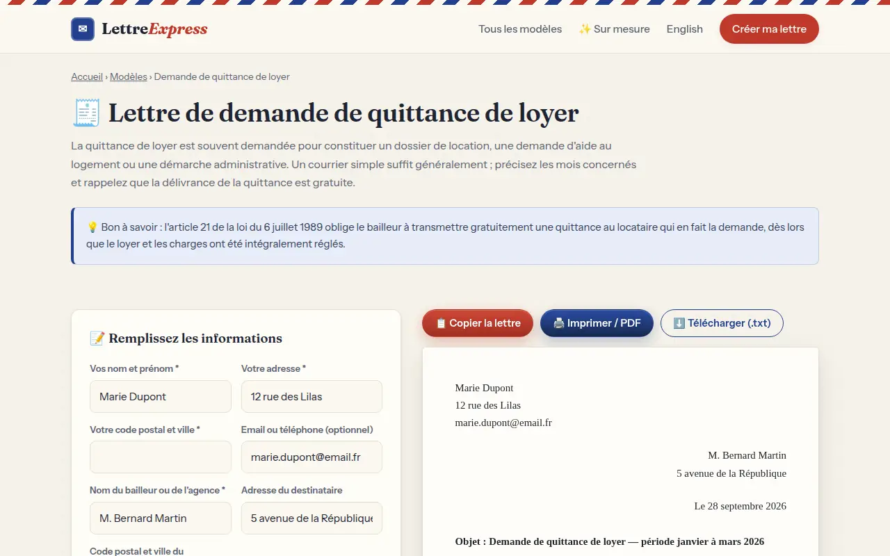 LettreExpress sur ordinateur : le modèle « demande de quittance de loyer », le formulaire rempli et la lettre qui s’écrit à côté.