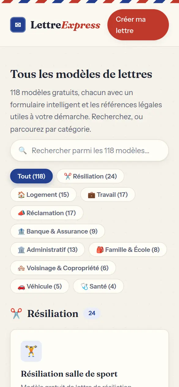 LettreExpress sur téléphone : le catalogue des 118 modèles, rangés par catégorie.